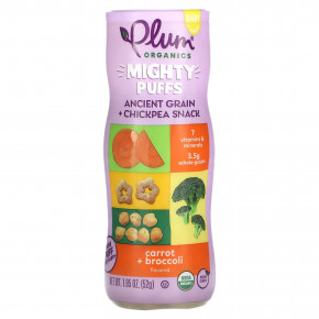 Plum Organics, Mighty Puffs, снек из древних злаков и нута, морковь и брокколи, 52 г (1,85 унции) - описание | фото