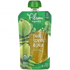 Plum Organics, Organic Baby Food, 6 Mons & Up, Pear, Spinach & Pea, 4 oz (113 g) - описание