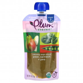 Plum Organics, органическое детское питание, от 6 месяцев, груша, шпинат и горох, 113 г (4 унции) - описание