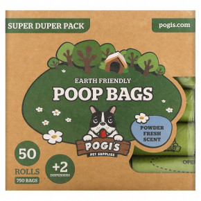 Pogi's Pet Supplies, Earth Friendly Poop Bags, Super Duper Pack, Powder Fresh, 50 Rolls, 750 Bags, 2 Dispensers - описание