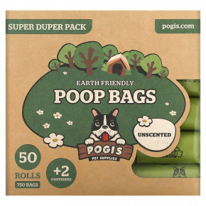 Pogi's Pet Supplies, Earth Friendly Poop Bags, Super Duper Pack, Unscented, 50 Rolls, 750 Bags, 2 Dispensers - описание