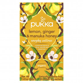 Pukka Herbs, органический травяной чай, лимон, имбирь и мед манука, без кофеина, 20 пакетиков, 40 г (1,41 унции) - описание | фото