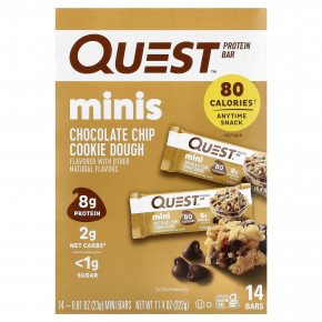 Quest Nutrition, мини, протеиновый батончик, печенье с шоколадной крошкой, 14 батончиков по 23 г (0,81 унции) - описание | фото