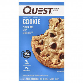 Quest Nutrition, протеиновое печенье, с шоколадной крошкой, 12 шт. по 59 г (2,08 унции) - описание | фото