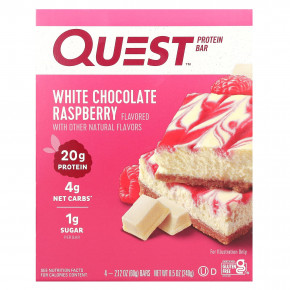 Quest Nutrition, протеиновый батончик, белый шоколад и малина, 4 шт. по 60 г (2,12 унции) - описание