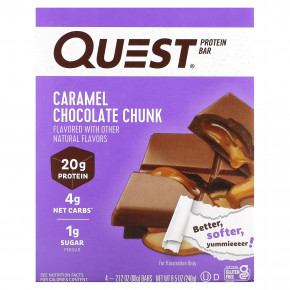 Quest Nutrition, Протеиновый батончик, кусочки карамельного шоколада, 4 батончика, 60 г (2,12 унции) - описание