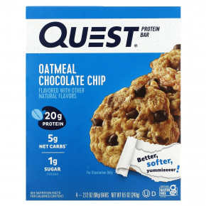 Quest Nutrition, Протеиновый батончик, овсянка и шоколадная крошка, 4 батончика по 60 г (2,12 унции) - описание