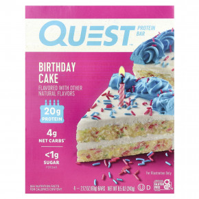 Quest Nutrition, Протеиновый батончик, праздничный торт, 4 батончика, 60 г (2,12 унции) - описание