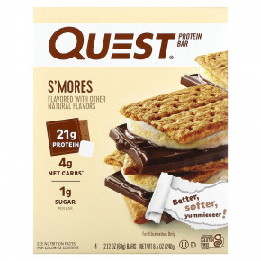 Quest Nutrition, Протеиновый батончик, S'Mores, 4 батончика, 60 г (2,12 унции) каждый - описание