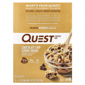 Quest Nutrition, Протеиновый батончик, шоколадная крошка, песочное тесто, 12 штук, 2,12 унц. (60 г) каждый - описание