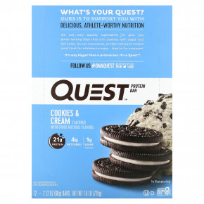 Quest Nutrition, протеиновый батончик, со вкусом печенья и сливок, 12 батончиков, 60 г (2,12 унции) каждый - описание | фото