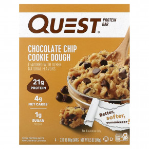 Quest Nutrition, Протеиновый батончик, тесто с шоколадной крошкой, 4 батончика, 60 г (2,12 унции) - описание