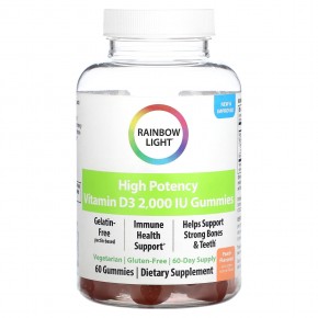 Rainbow Light, Высокоэффективный витамин D3, персик, 2000 МЕ, 60 жевательных таблеток - описание