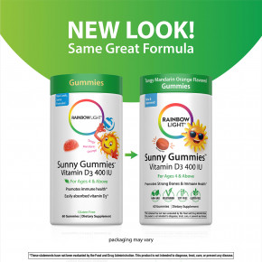 Rainbow Light, Sunny Gummies ™, витамин D3, для детей от 4 лет, насыщенный мандаринский апельсин, 10 мкг (400 МЕ), 60 жевательных таблеток в Москве - eco-herb.ru | фото