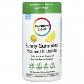 Rainbow Light, Sunny Gummies ™, витамин D3, вкусный лимон, 25 мкг (1000 МЕ), 100 жевательных таблеток в Москве - eco-herb.ru | фото