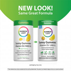 Rainbow Light, Sunny Gummies ™, витамин D3, вкусный лимон, 25 мкг (1000 МЕ), 100 жевательных таблеток в Москве - eco-herb.ru | фото