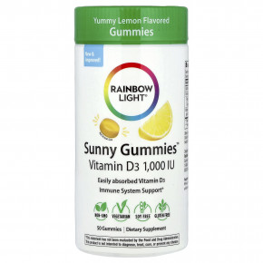 Rainbow Light, Sunny Gummies ™, витамин D3, вкусный лимон, 25 мкг (1000 МЕ), 50 жевательных таблеток в Москве - eco-herb.ru | фото