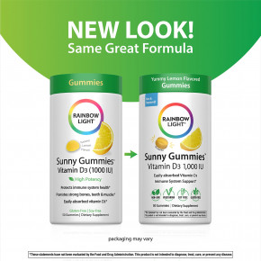 Rainbow Light, Sunny Gummies ™, витамин D3, вкусный лимон, 25 мкг (1000 МЕ), 50 жевательных таблеток в Москве - eco-herb.ru | фото