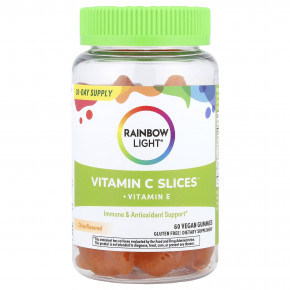 Rainbow Light, витамин C Slices™ и витамин E, со вкусом цитрусовых, 60 веганских жевательных таблеток - описание | фото