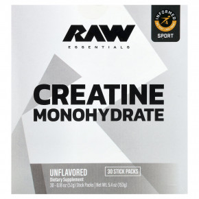 Raw Nutrition, Essentials, моногидрат креатина, без добавок, 30 пакетиков по 5,1 г (0,18 унции) - описание | фото
