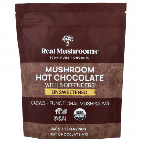 Real Mushrooms, горячий шоколад с грибами и 5 Defenders®, без подсластителей, 240 г (8,47 унции) - описание | фото