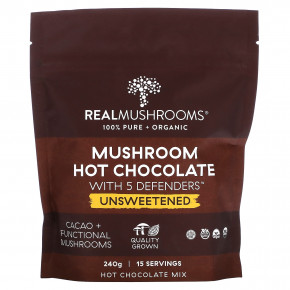 Real Mushrooms, Горячий шоколад с грибами и 5 защитниками, несладкий, 240 г - описание | фото