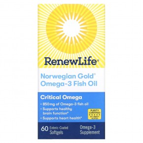 Renew Life, Norwegian Gold®, Critical Omega™, рыбий жир высшего качества, 60 капсул из рыбьего желатина в Москве - eco-herb.ru | фото