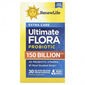 Renew Life, Extra Care, пробиотик Ultimate Flora™, 30 веганских капсул с отсроченным высвобождением - описание | фото