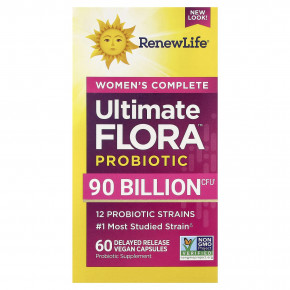 Renew Life, комплекс для женщин, пробиотик Ultimate Flora™, 90 млрд КОЕ, 60 веганских капсул с отсроченным высвобождением - описание | фото