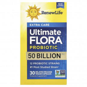 Renew Life, Ultimate Flora™, пробиотик, 50 млрд КОЕ, 30 веганских капсул с отсроченным высвобождением - описание | фото