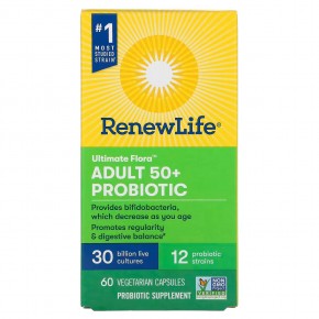 Renew Life, Ultimate Flora, пробиотик для взрослых старше 50 лет, 30 млрд живых культур, 60 вегетарианских капсул - описание
