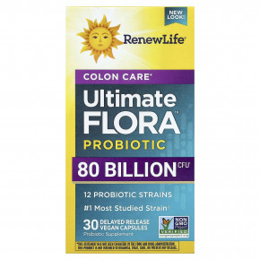 Renew Life, Ultimate Flora™, пробиотик для здоровья кишечника, 30 веганских капсул с отсроченным высвобождением - описание | фото