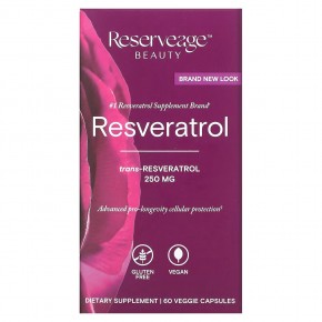 Reserveage Beauty, ресвератрол, транс-ресвератрол, 250 мг, 60 растительных капсул - описание