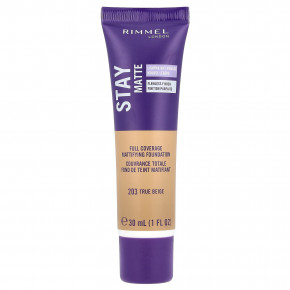 Rimmel London, Stay Matte, Full Coverage Mattifying Foundation, 203 True Beige, 1 fl oz (30 ml) - описание