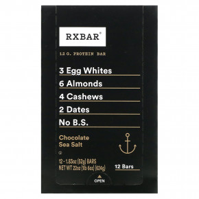 RXBAR, Protein Bar, шоколадная морская соль, 12 батончиков, 52 г (1,83 унции) - описание