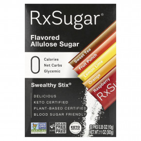 RxSugar, Swealthy Stix, ароматизированный аллюлозный сахар, сладкий чай, фруктовый пунш, лимон и лайм, апельсин, малина, 30 пакетиков по 10 г (0,35 унции) - описание | фото