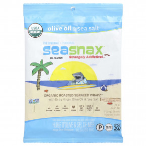 SeaSnax, Organic Roasted Seaweed Wrapz ™, оливковое масло холодного отжима и морская соль, 5 больших листов, 15 г (0,54 унции) - описание | фото