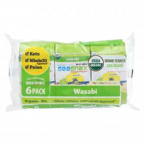 SeaSnax, органические морские водоросли, васаби, 6 пакетиков по 5 г (0,18 унции) - описание | фото