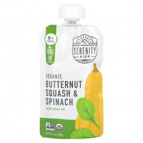 Serenity Kids, Детское питание, от 6 месяцев, органическая мускатная тыква и шпинат с маслом авокадо, 99 г (3,5 унции) - описание