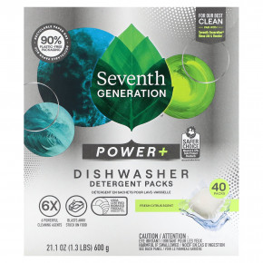 Seventh Generation, Пакеты с моющим средством Power + для посудомоечной машины, Fresh Citrus, 40 упаковок, 600 г (21,1 унции) в Москве - eco-herb.ru | фото