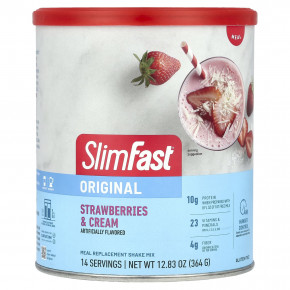 SlimFast, Original, коктейльная смесь-заменитель пищи, клубника со сливками, 364 г (12,83 унции) - описание