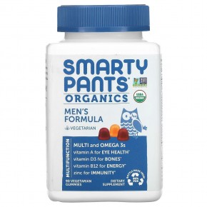 SmartyPants, Organic, жевательные мармеладки с мультивитаминами и омега для мужчин, малина, апельсин и вишня, 90 органических жевательных таблеток - описание