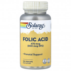 Solaray, фолиевая кислота, 470 мкг (800 мкг DFE), 100 растительных капсул - описание | фото