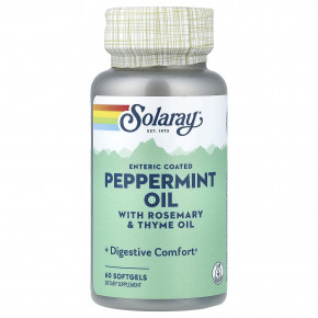 Solaray, масло перечной мяты, покрытые кишечнорастворимой оболочкой, с маслом розмарина и чабреца, 60 капсул - описание | фото