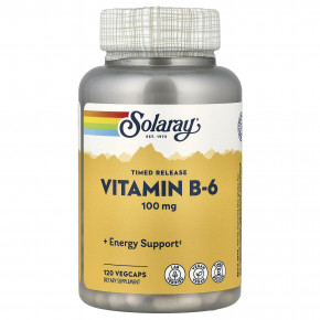 Solaray, витамин B6, с медленным высвобождением, 100 мг, 120 растительных капсул - описание | фото
