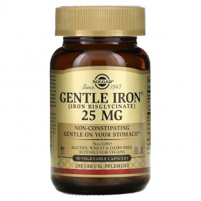 Solgar, Gentle Iron, 25 мг, 90 растительных капсул - описание