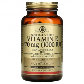 Solgar, натуральный витамин E, 670 мг (1000 МЕ), 100 вегетарианских мягких таблеток в Москве - eco-herb.ru | фото