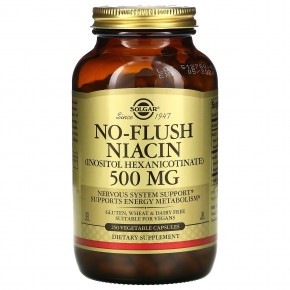 Solgar, ниацин, не вызывающий покраснений, 500 мг, 250 растительных капсул - описание