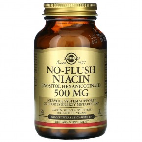 Solgar, ниацин, не вызывающий покраснений, 500 мг, 100 вегетарианских капсул - описание