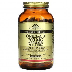 Solgar, Омега-3, ЭПК и ДГК, двойной концентрации, 700 мг, 120 мягких таблеток - описание